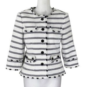 White House Black Market white black tweed stripe fringe crop jacket 00